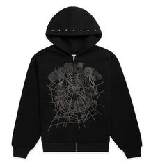 Sp5der OG Web Studded Zip Hoodie Black